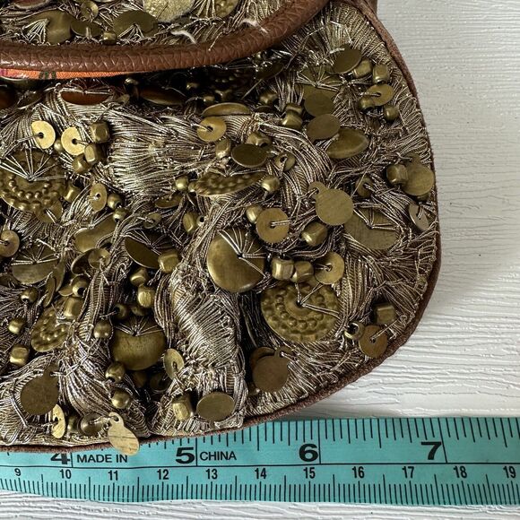 Anthropologie Lucky Penny Beaded Bag Gold Sequin Wristlet Clutch Coin Mini - Picture 9 of 10